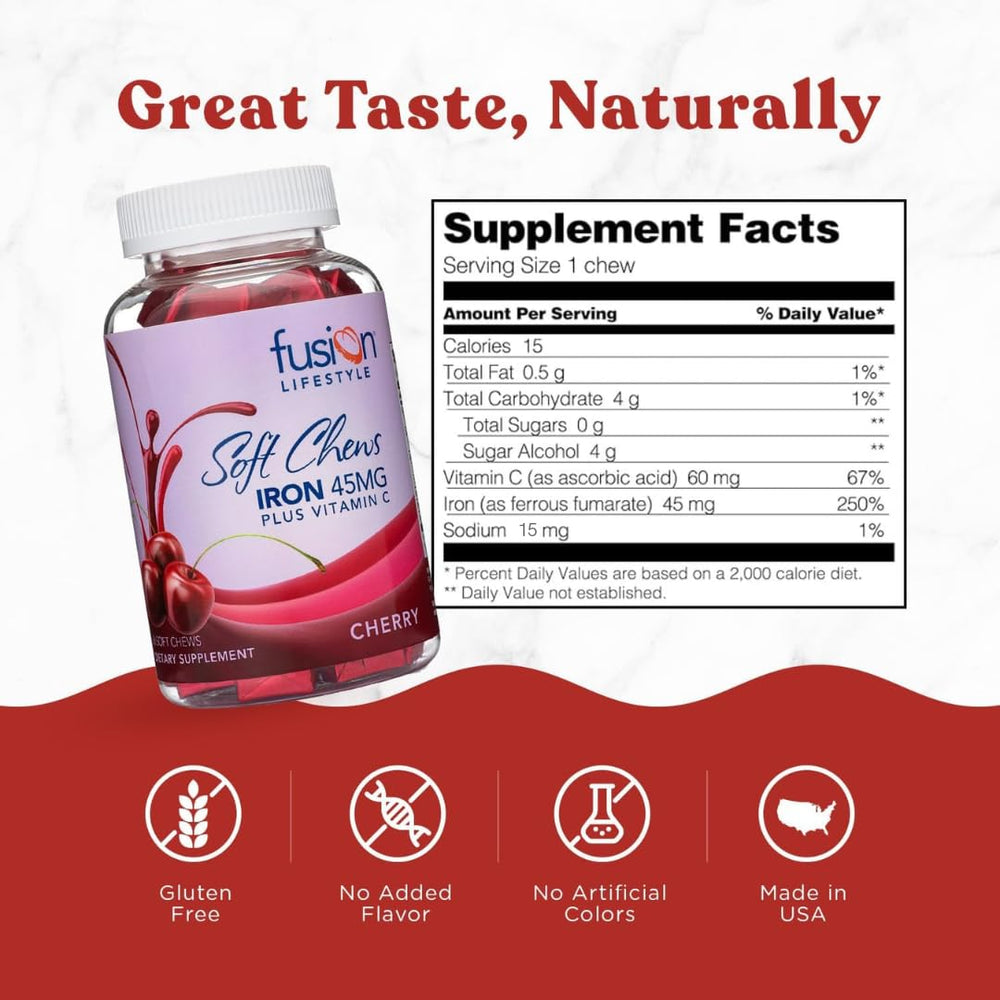 Fusion Lifestyle iron chews with vitamin C for absorption.