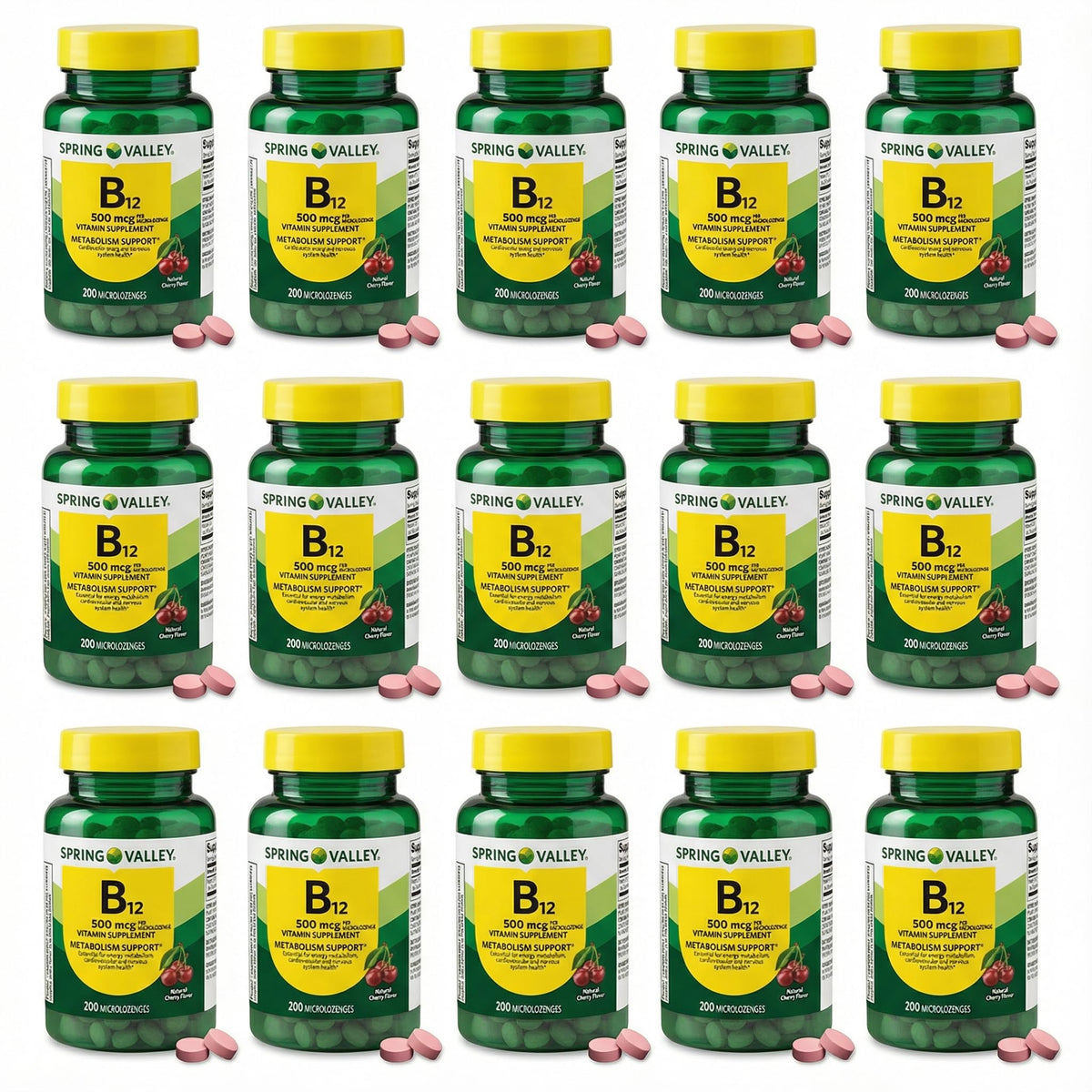 Fusion Shop Store B12 sublingual cherry bottle front showing 200 lozenges for daily energy support.