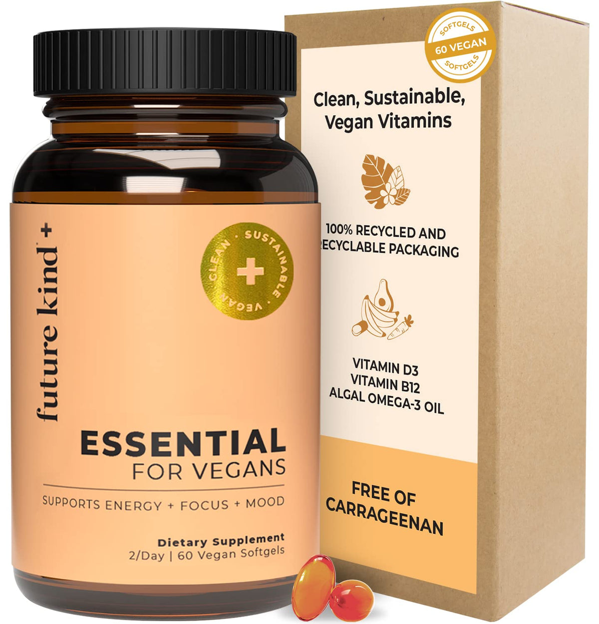 Future Kind 3-in-1 daily multivitamin bottle front supports energy and focus with citrus softgels.