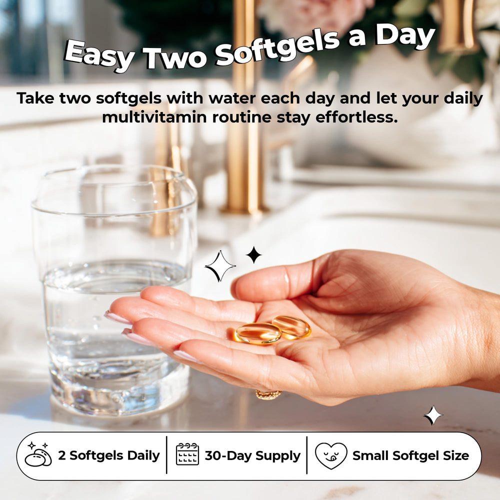 Future Kind glass bottle interior displaying two daily softgels for routine.