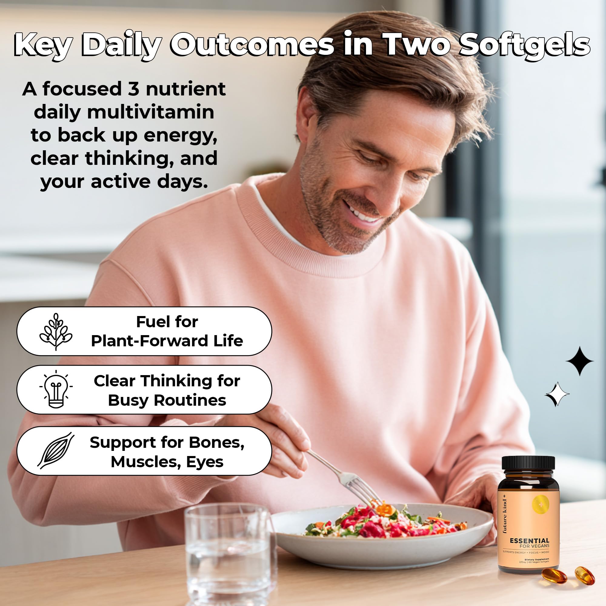 Future Kind citrus softgels close-up emphasizing easy, small capsules.
