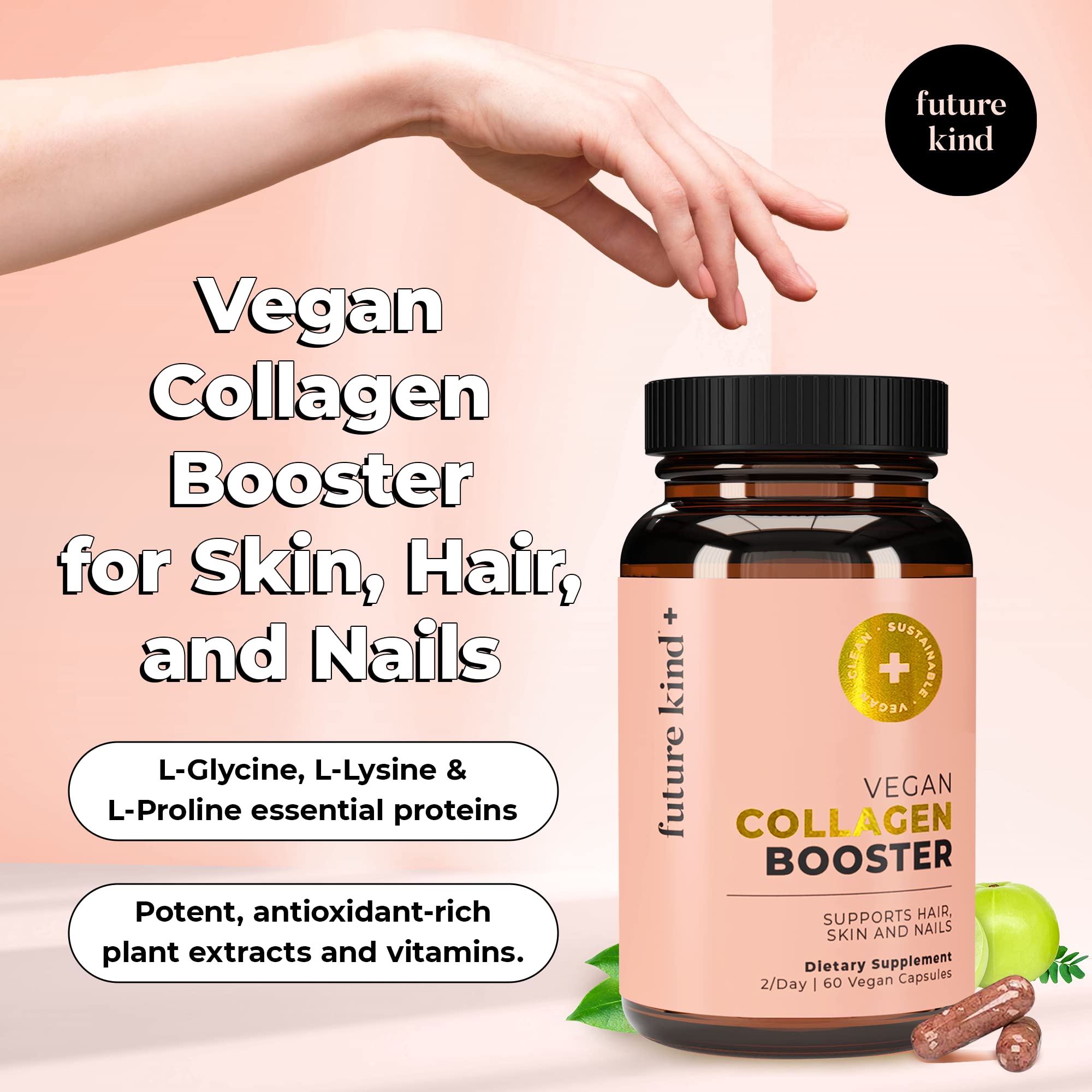 Future Kind Vegan Collagen capsules ready for daily dose and routine.