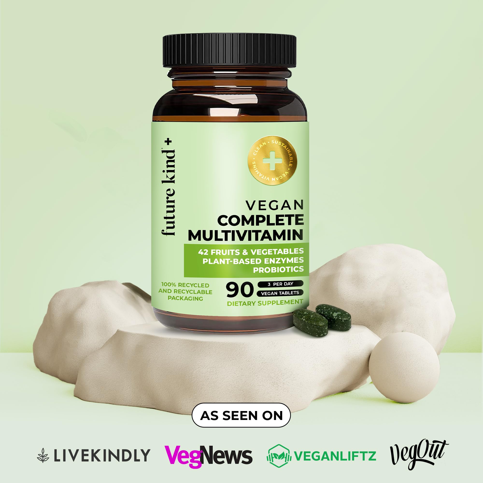 Future Kind Complete ingredients layout shows 42 nutrient blend for plant-based wellness.