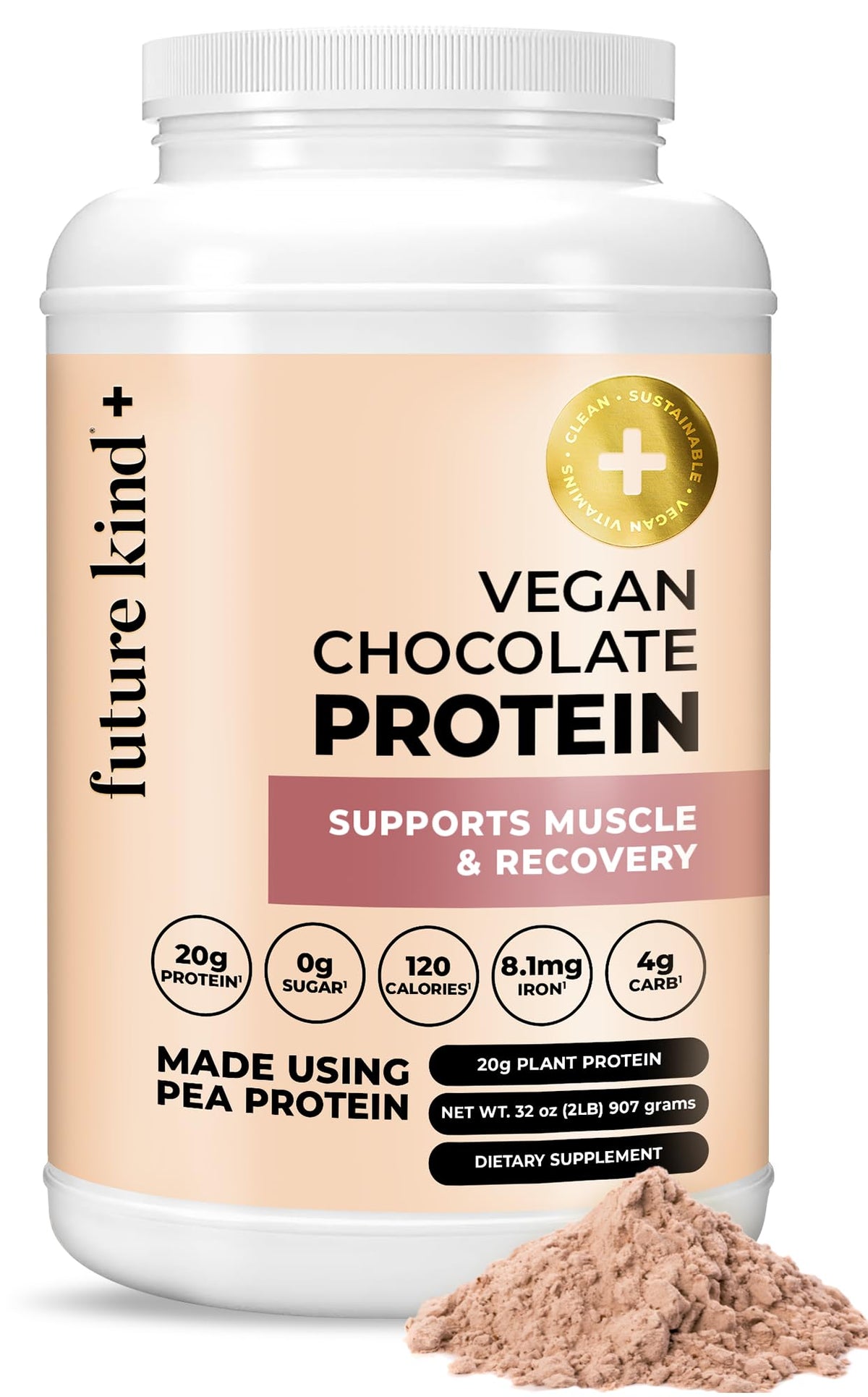 Future Kind Vegan Protein Powder chocolate canister supports lean muscle during workouts