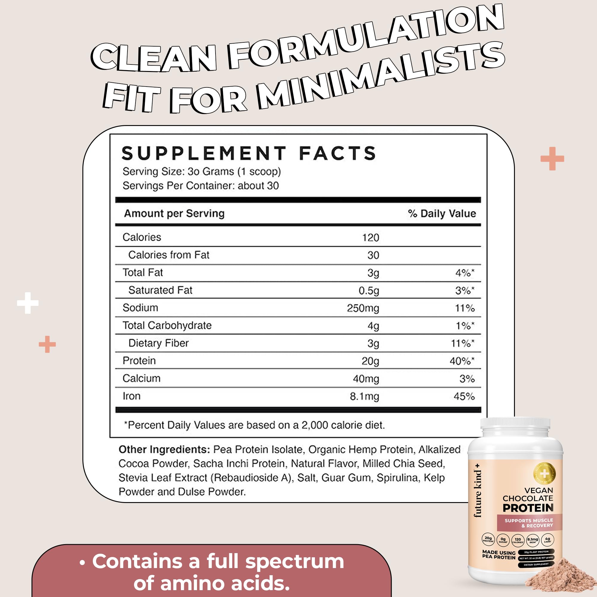 Future Kind vegan protein powder chocolate label closeup shows iron content