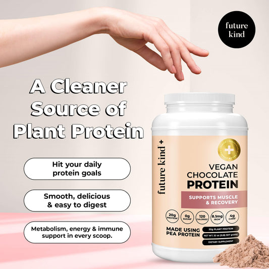 Future Kind vegan protein powder chocolate scoop in glass for post-workout shake