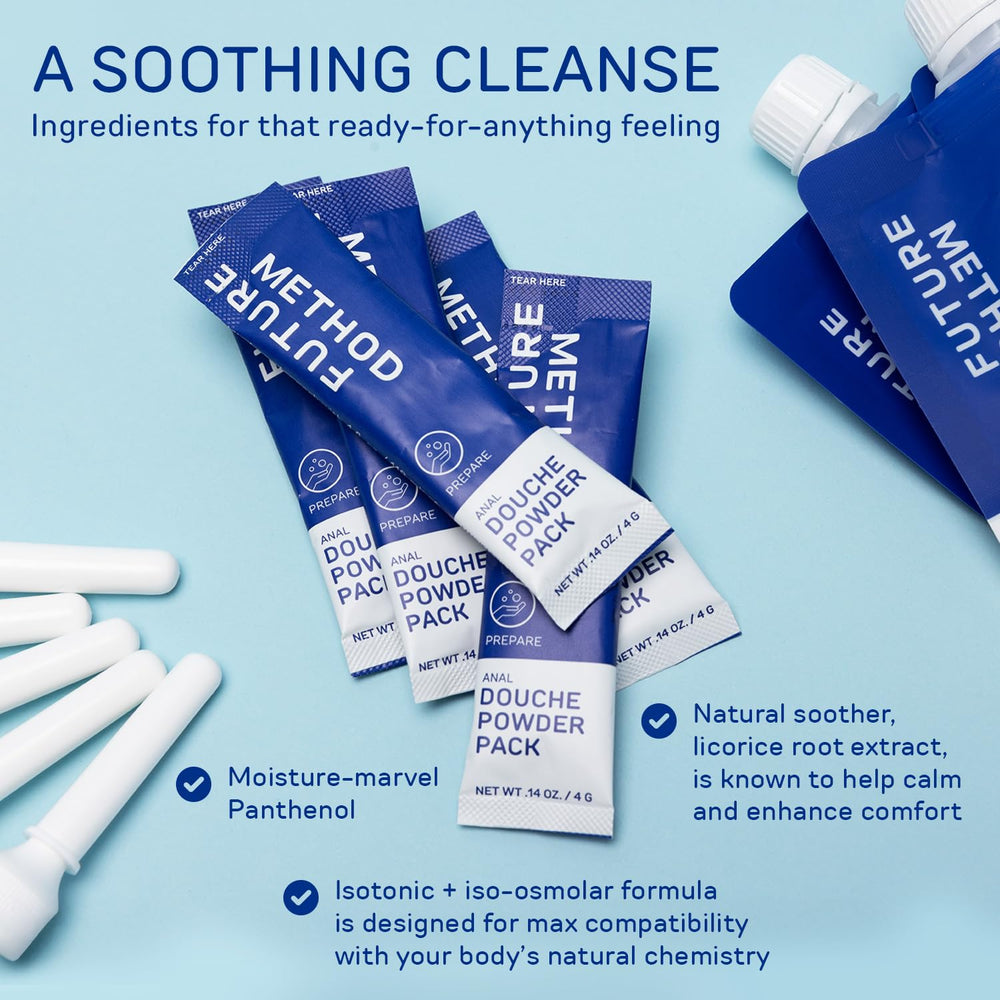 FUTURE METHOD Anal Douche Kit contents highlight mixing pouch and nozzle for precise prep.