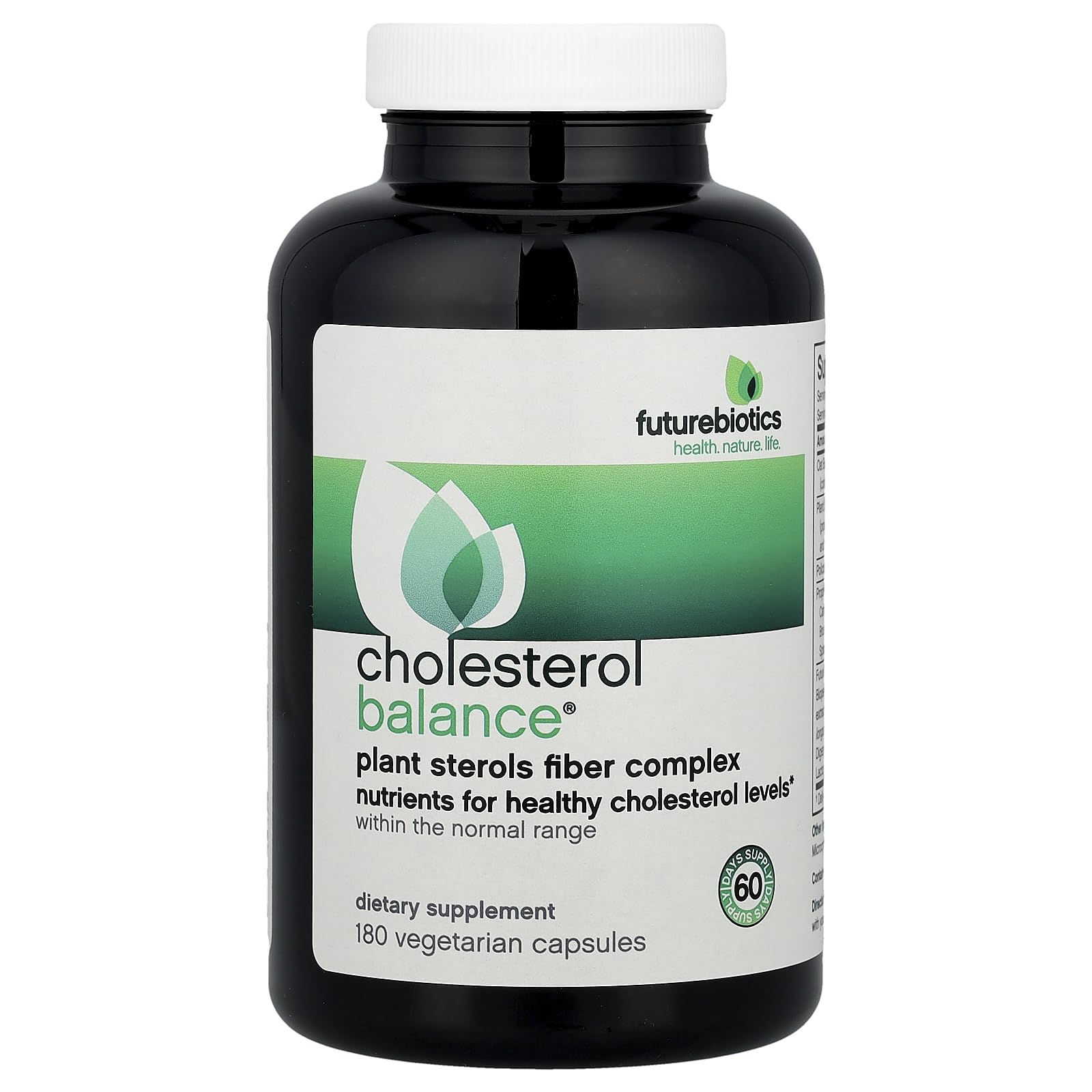 Futurebiotics Cholesterol Balance bottle close-up; supports healthy LDL levels with Viscofiber.