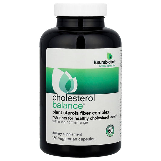Futurebiotics Cholesterol Balance bottle close-up; supports healthy LDL levels with Viscofiber.