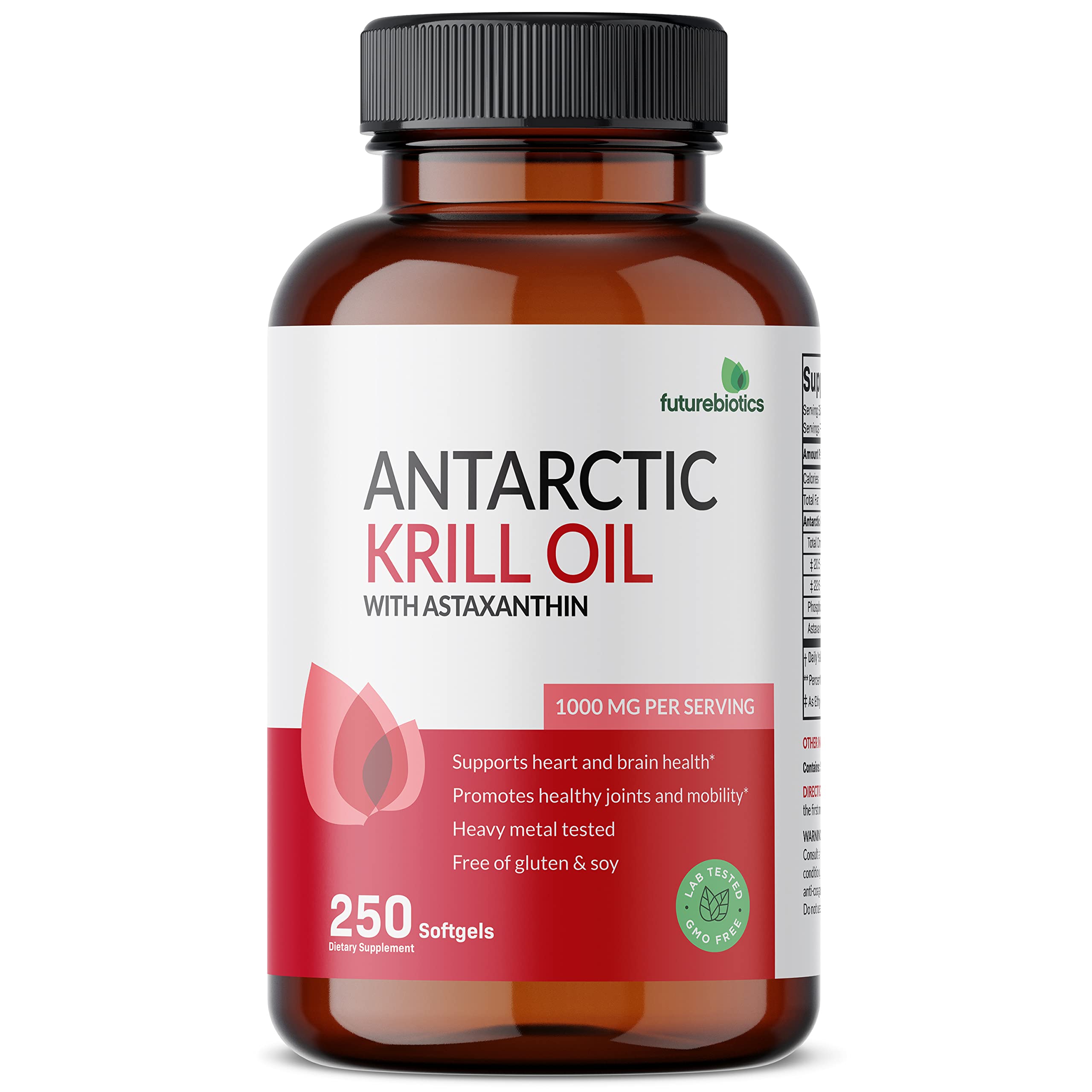 Futurebiotics heavy metal tested badge on krill oil packaging.