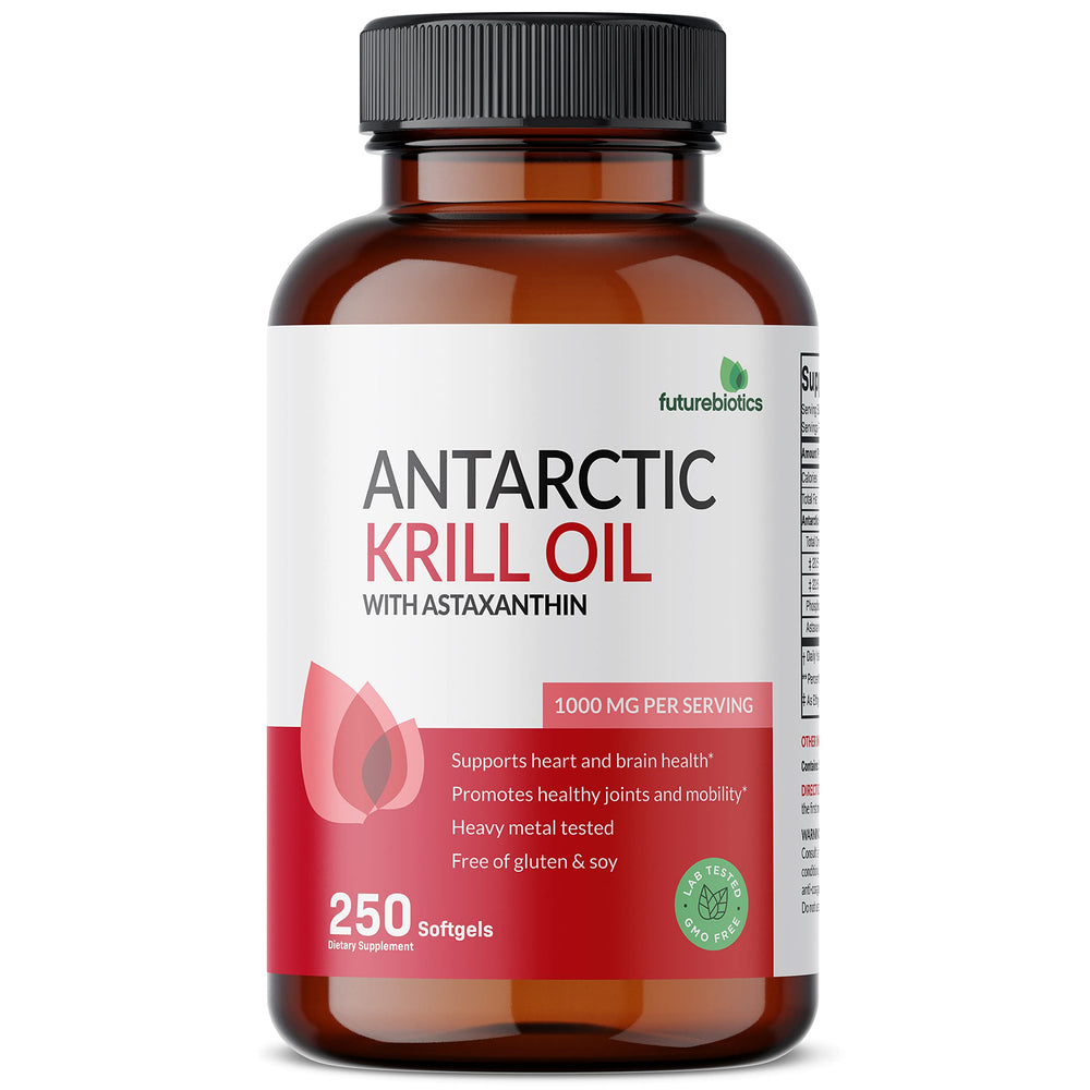 Futurebiotics heavy metal tested badge on krill oil packaging.