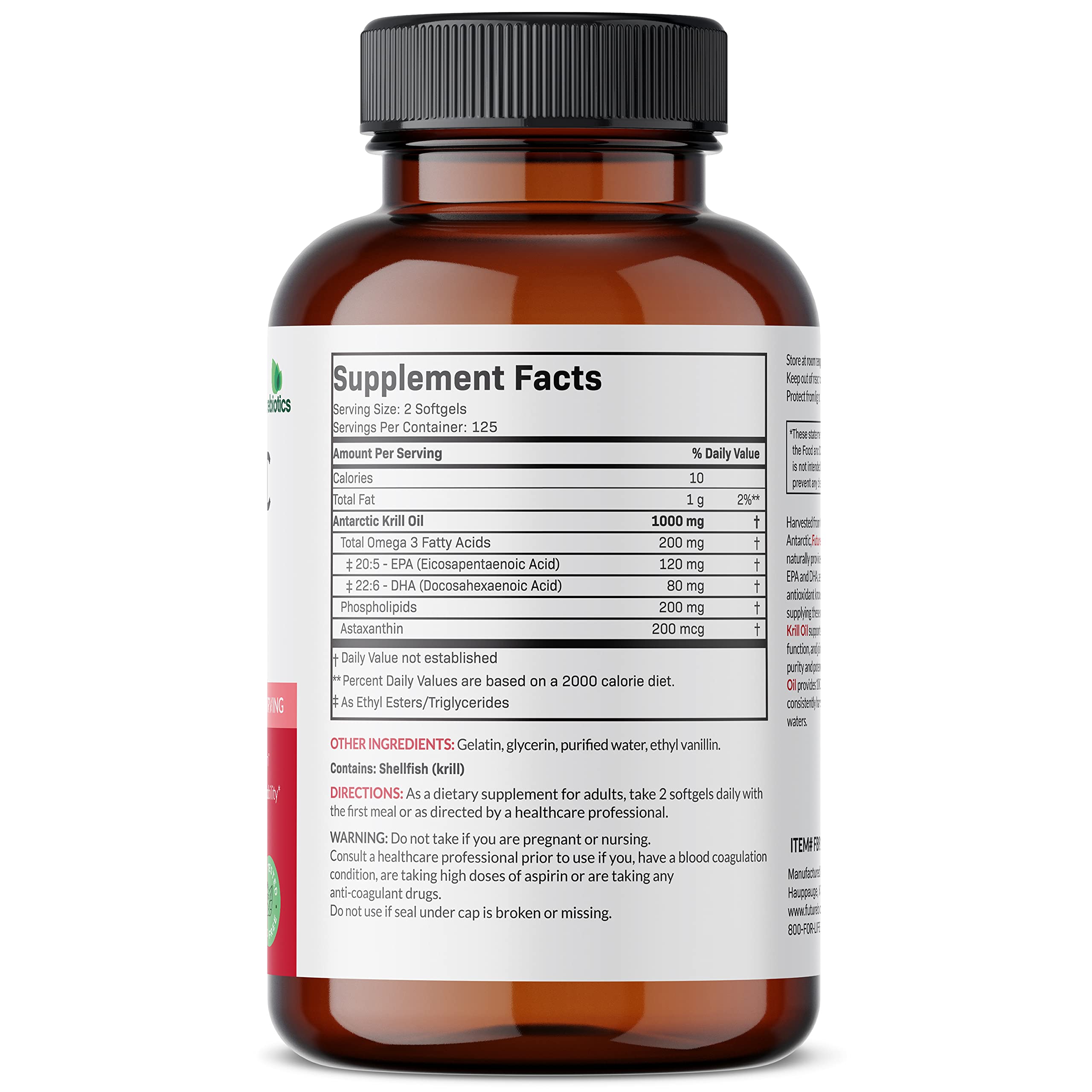 Futurebiotics krill oil softgels close-up, easy-to-swallow omega-3 supplement.