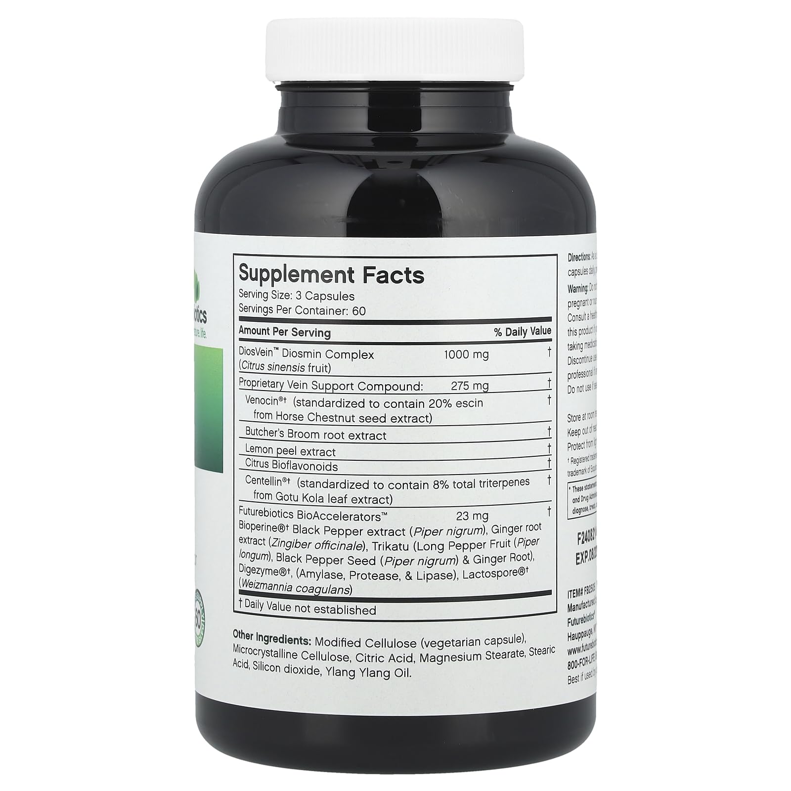 Futurebiotics VeinFactors label, potency-enhanced formula highlighted for digestive comfort.