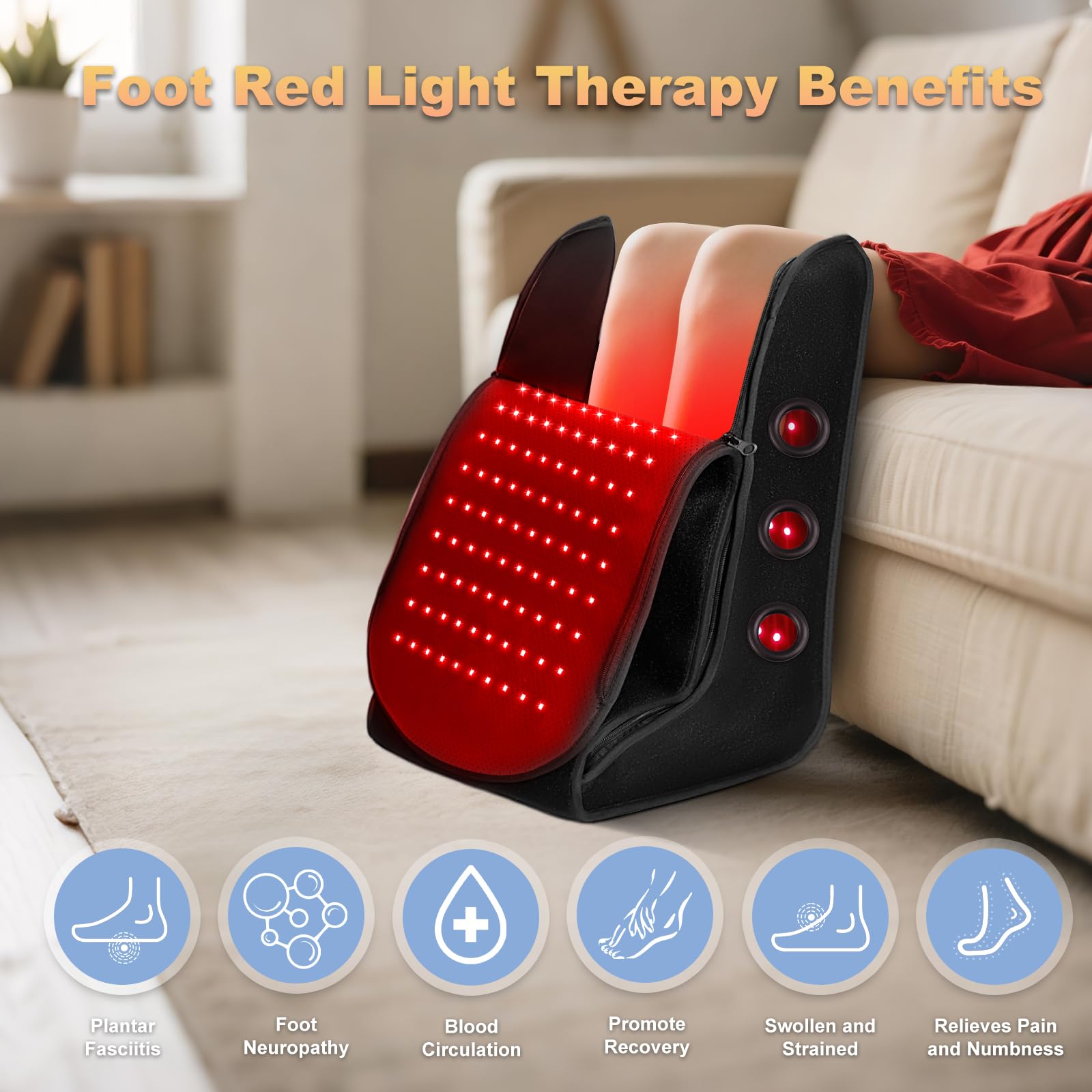 Fuuerds red-light therapy feet-legs device front view with easy remote control operation.