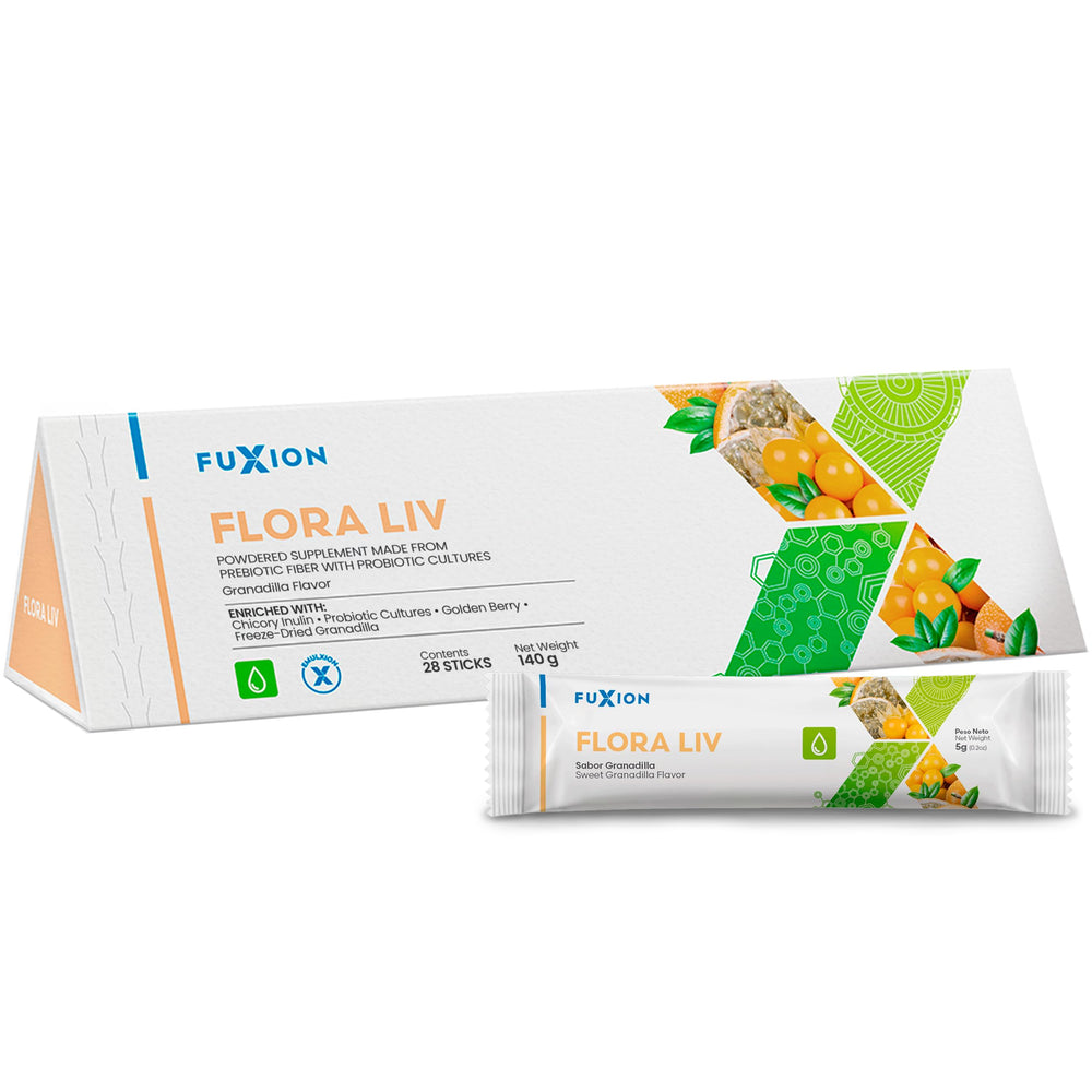 FuXion Flora Liv bottle and label highlighting gut-friendly probiotic benefits.