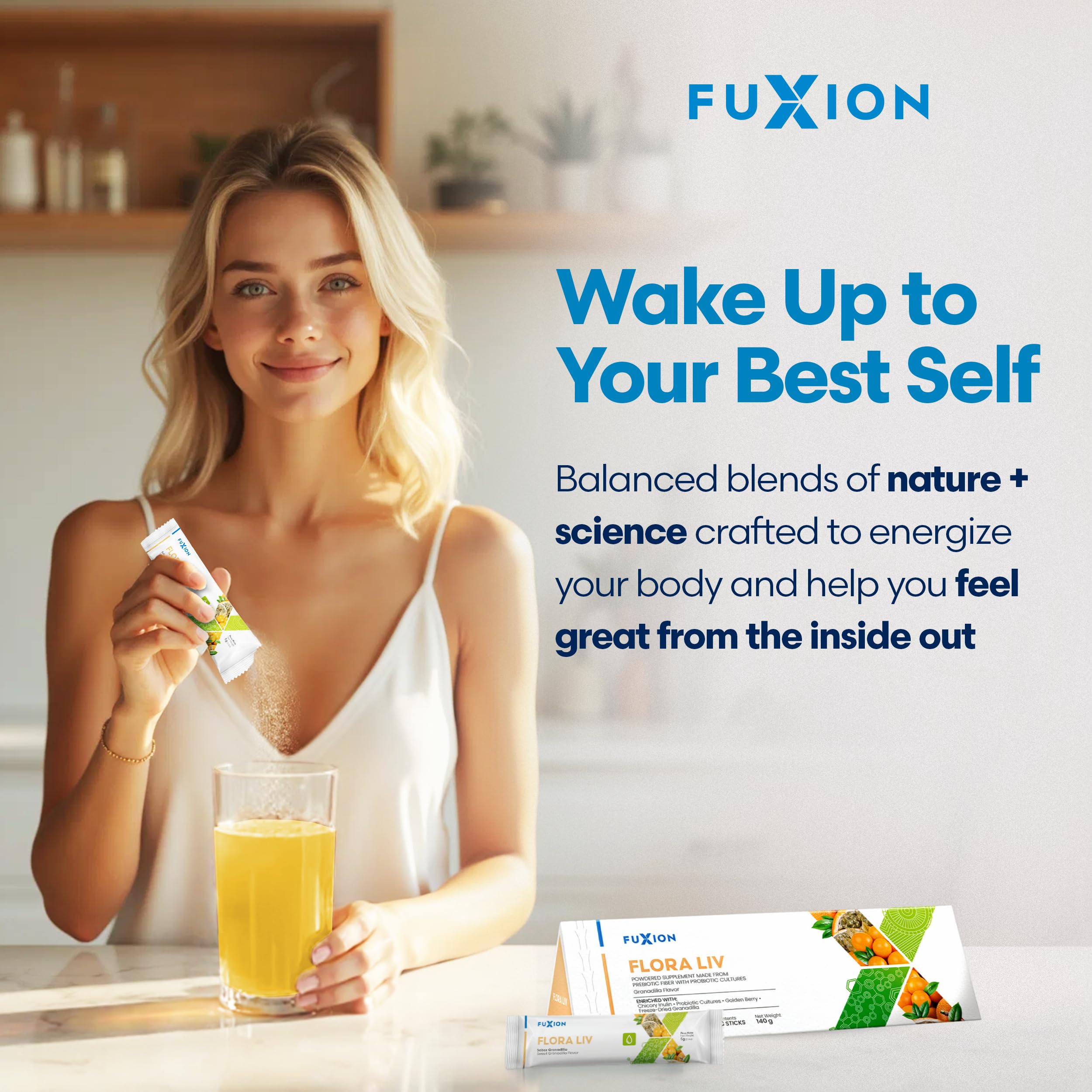 FuXion Flora Liv probiotic bacteria representation with balanced gut health.