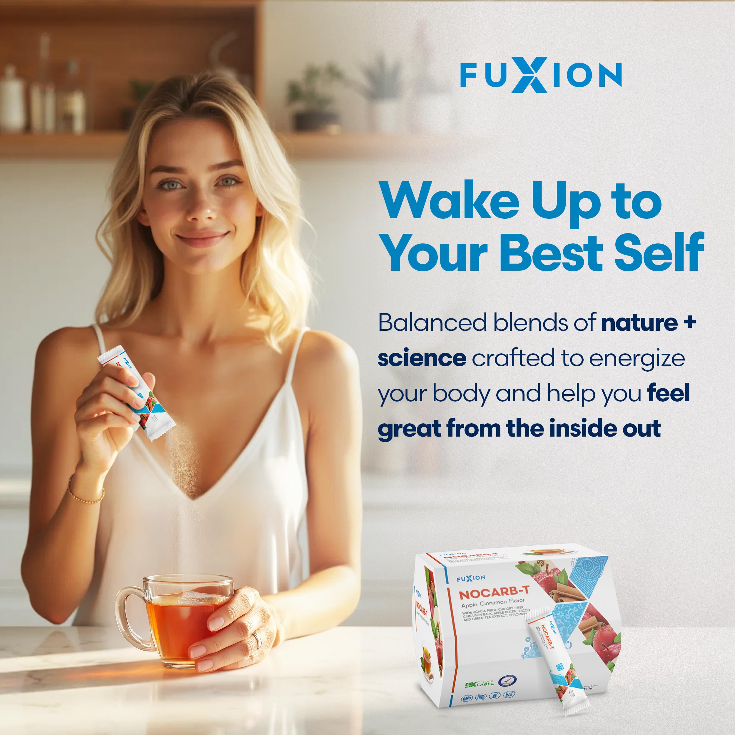 FuXion NoCarb-T Cinnamon Detox Tea close-up highlights cinnamon and apple notes.