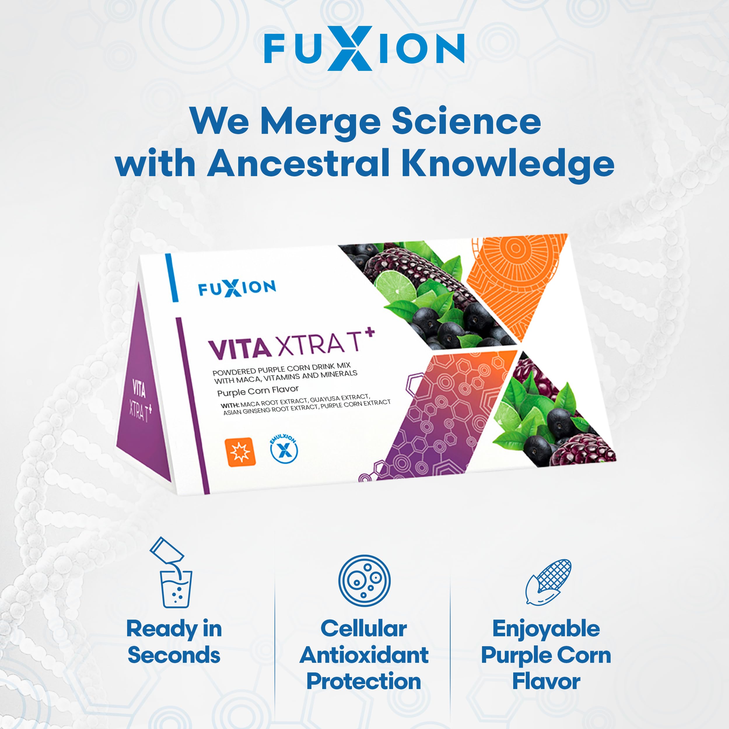 FuXion Vita Xtra T+ glass with ice highlights the purple corn flavor.