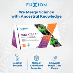 FuXion Vita Xtra T+ glass with ice highlights the purple corn flavor.