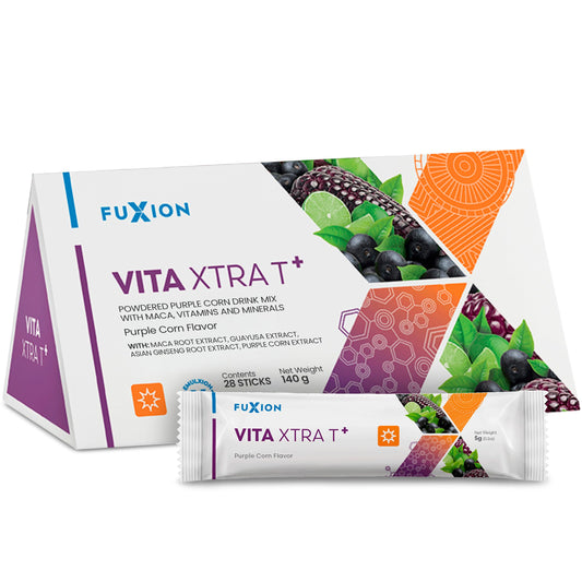 FuXion Vita Xtra T+ packaging front emphasizes daily antioxidant energy support.