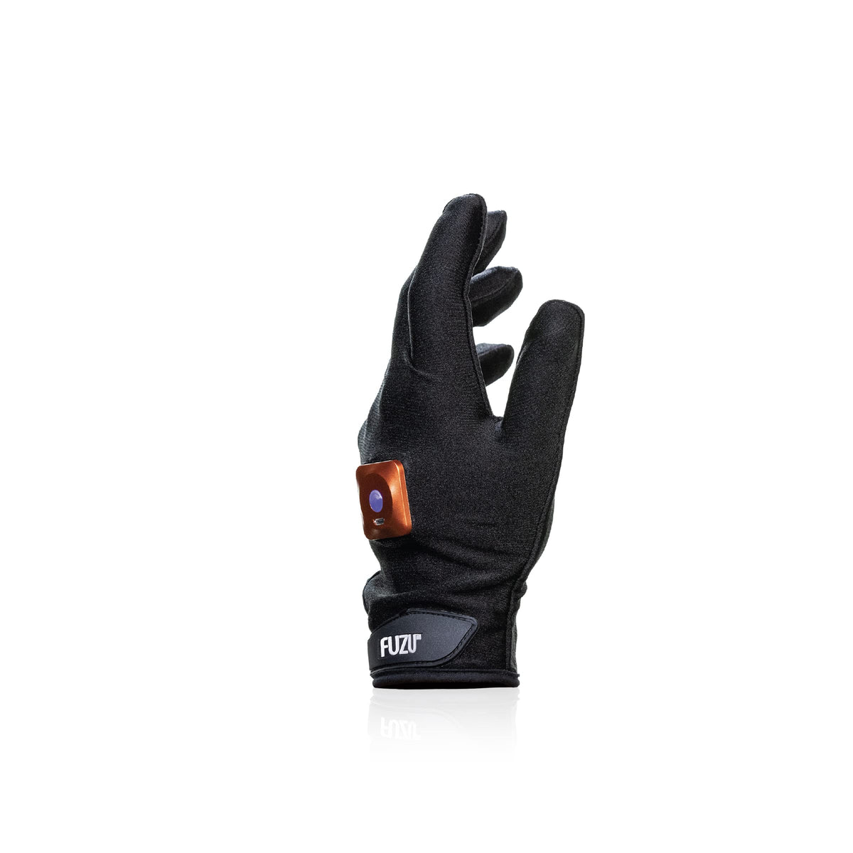 Fuzu vibrating massage glove on the left hand provides discreet, soothing relief