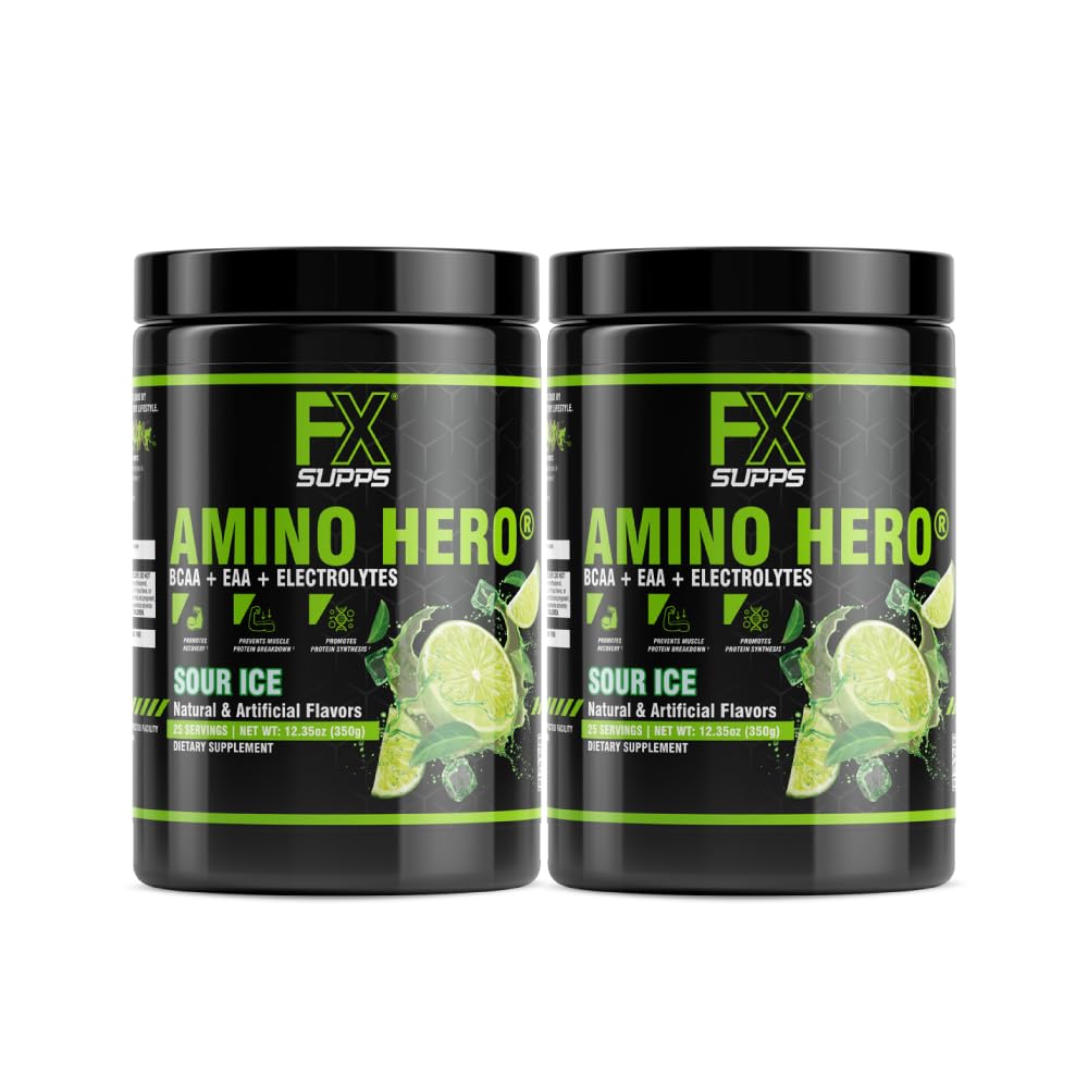 FXSUPPS Amino Hero Sour Ice bottle highlighting hydration-friendly formula for workouts.