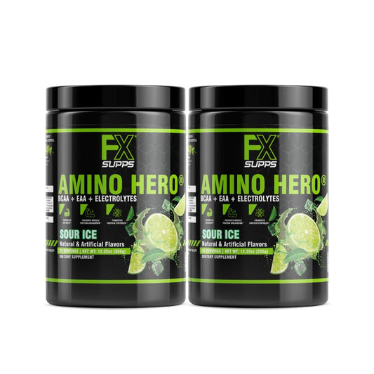 FXSUPPS Amino Hero Sour Ice bottle highlighting hydration-friendly formula for workouts.