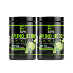 FXSUPPS Amino Hero Sour Ice bottle highlighting hydration-friendly formula for workouts.