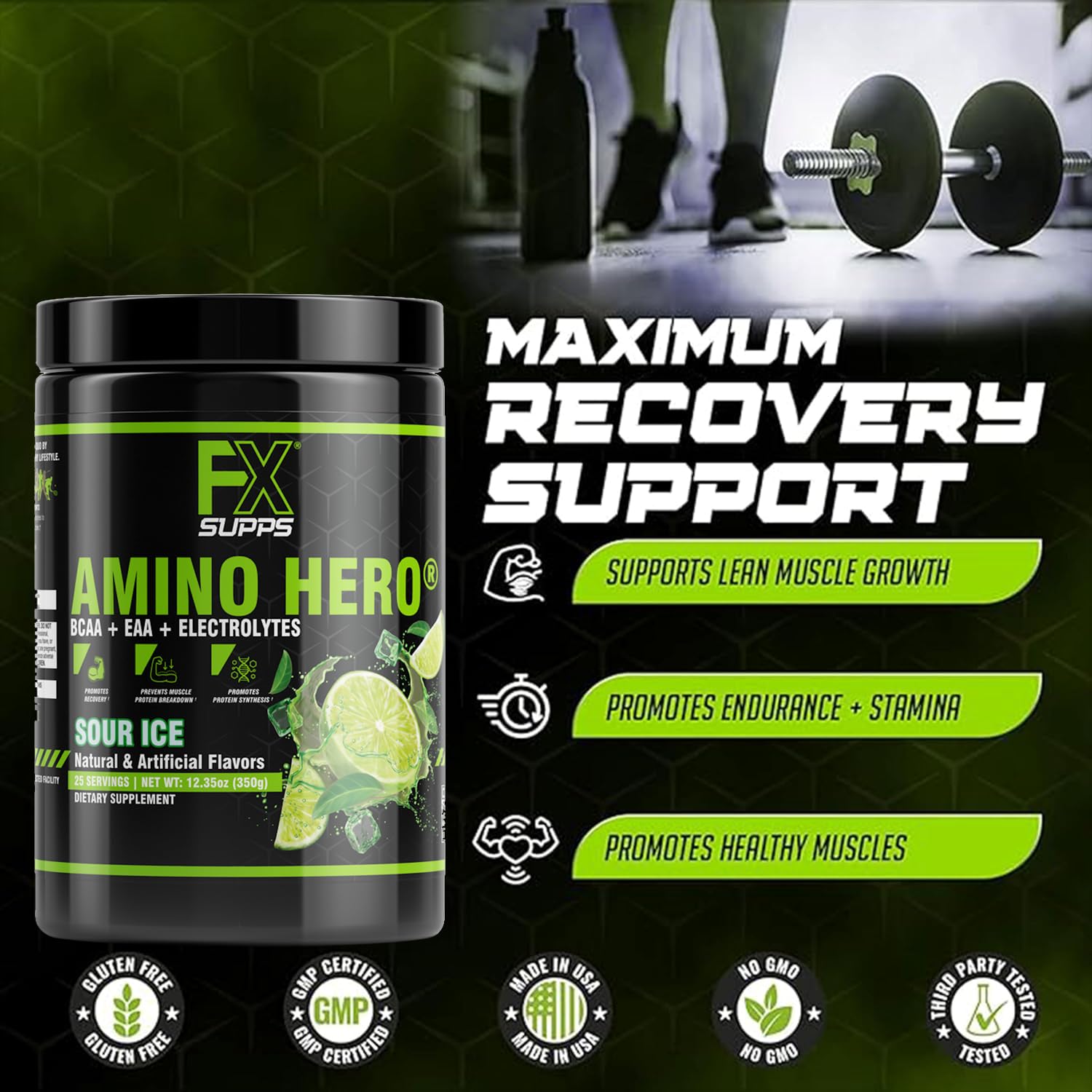 FXSUPPS Amino Hero Sour Ice label close-up emphasizing amino acids and electrolytes.