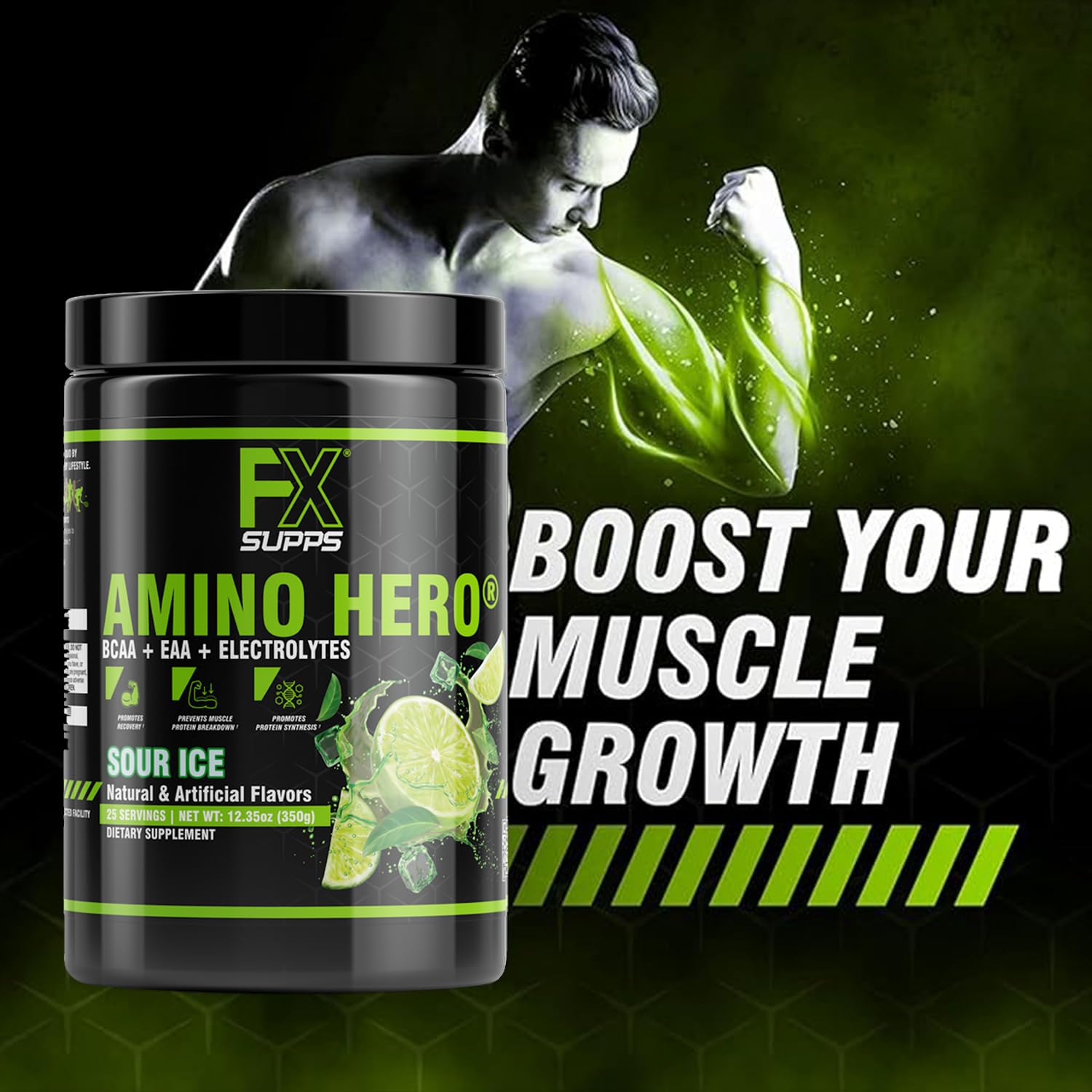 FXSUPPS Amino Hero Sour Ice powder being poured into water for post-workout recovery.
