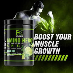 FXSUPPS Amino Hero Sour Ice powder being poured into water for post-workout recovery.