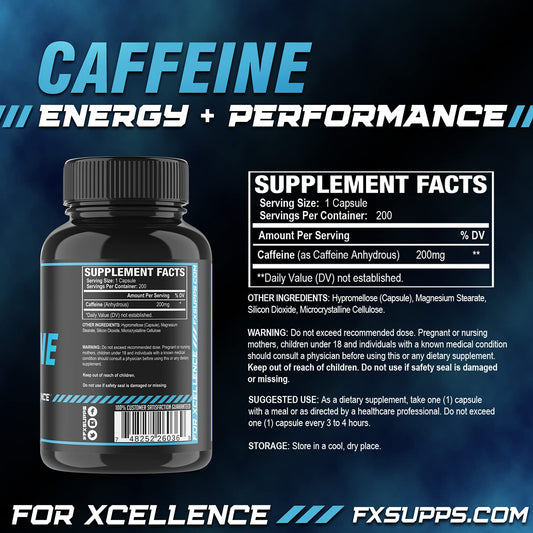 FX SUPPS Caffeine Pills 3-pack packaging highlights convenience and daily use.