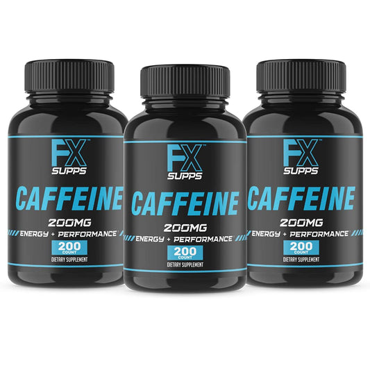 FX SUPPS Caffeine Pills bottle front view showing on-the-go energy and focus.