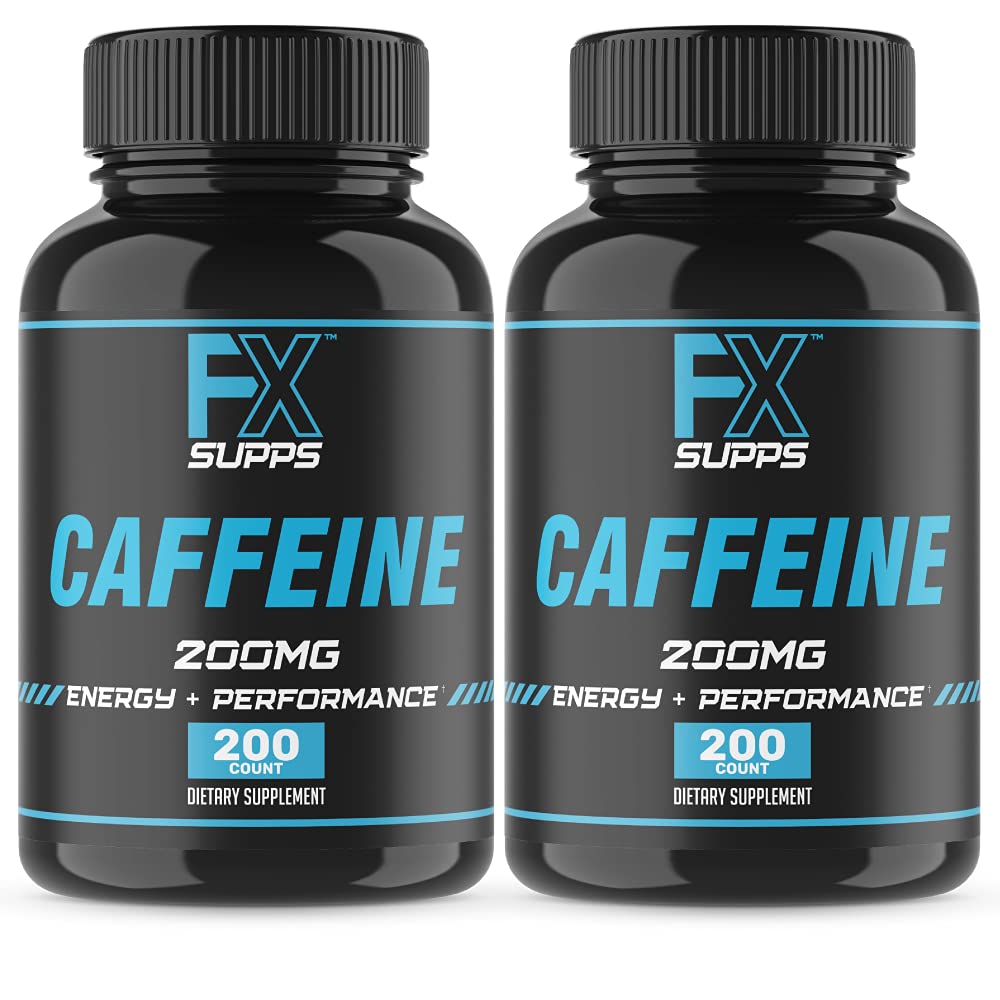 FXSUPPS Caffeine 200 mg pills bottle for fast-acting energy and focus.