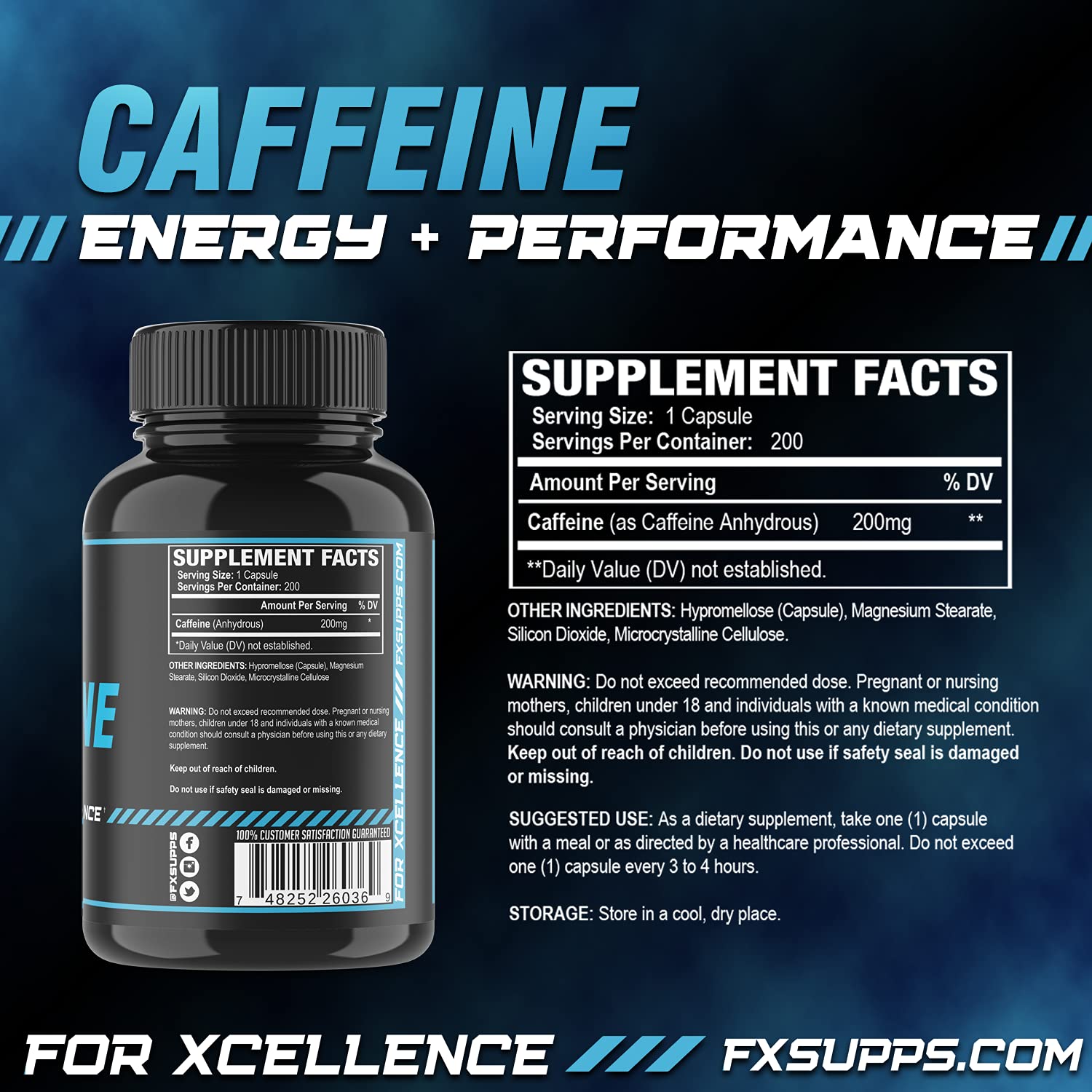 FXSUPPS caffeine capsules close-up highlighting 200 mg per serving for alertness.