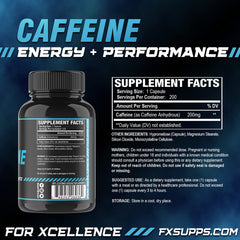 FXSUPPS caffeine capsules close-up highlighting 200 mg per serving for alertness.