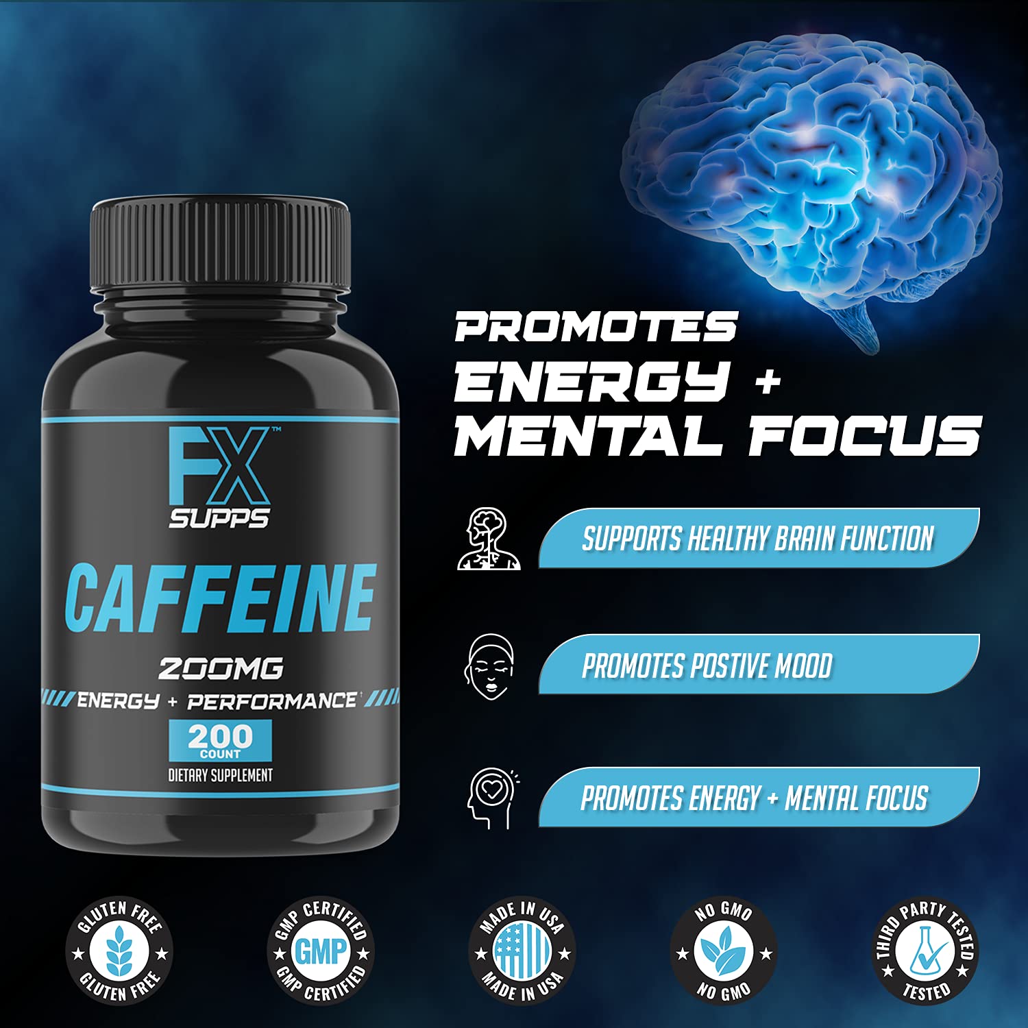 FX SUPPS Caffeine Pills label close-up reveals caffeine strength for informed use.