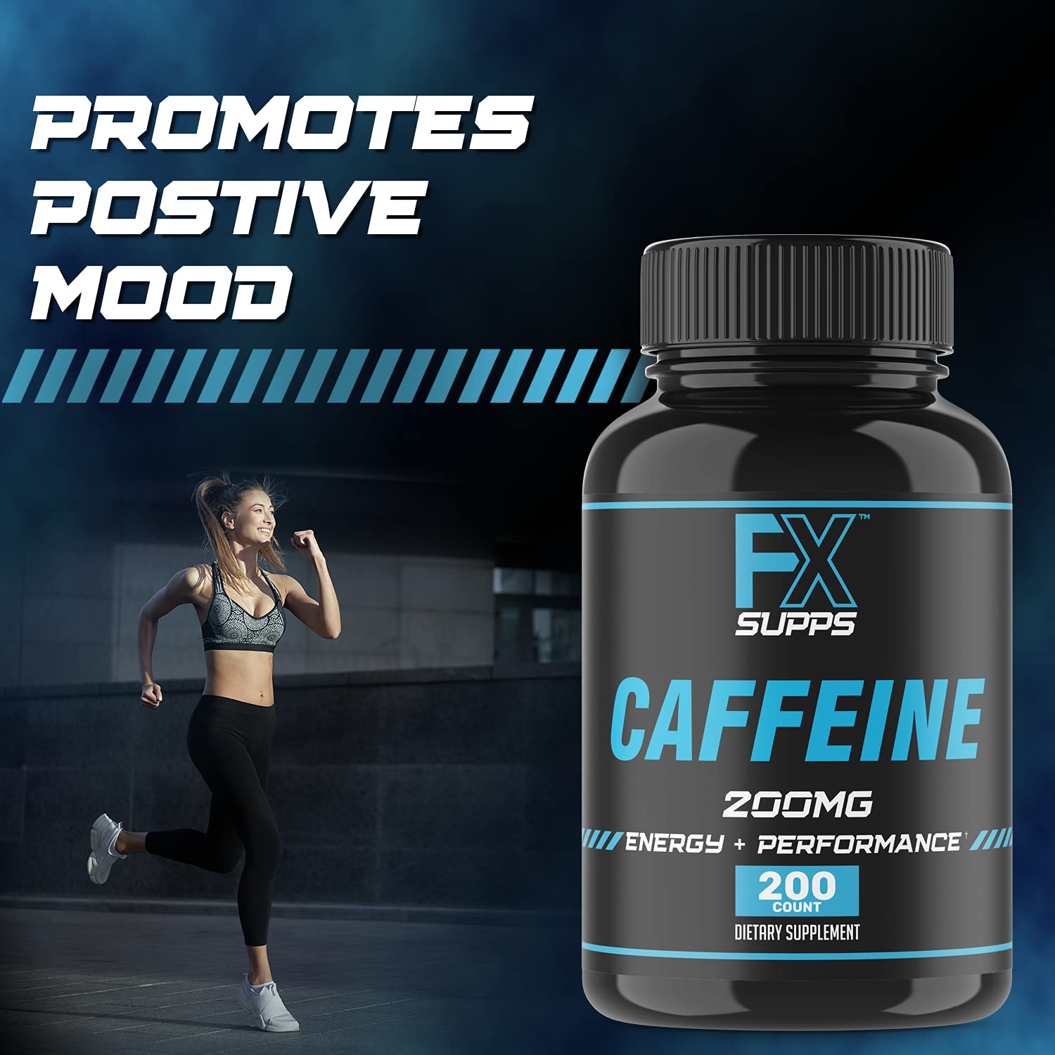 FXSUPPS caffeine pills on hand illustrate quick energy boost for workouts.