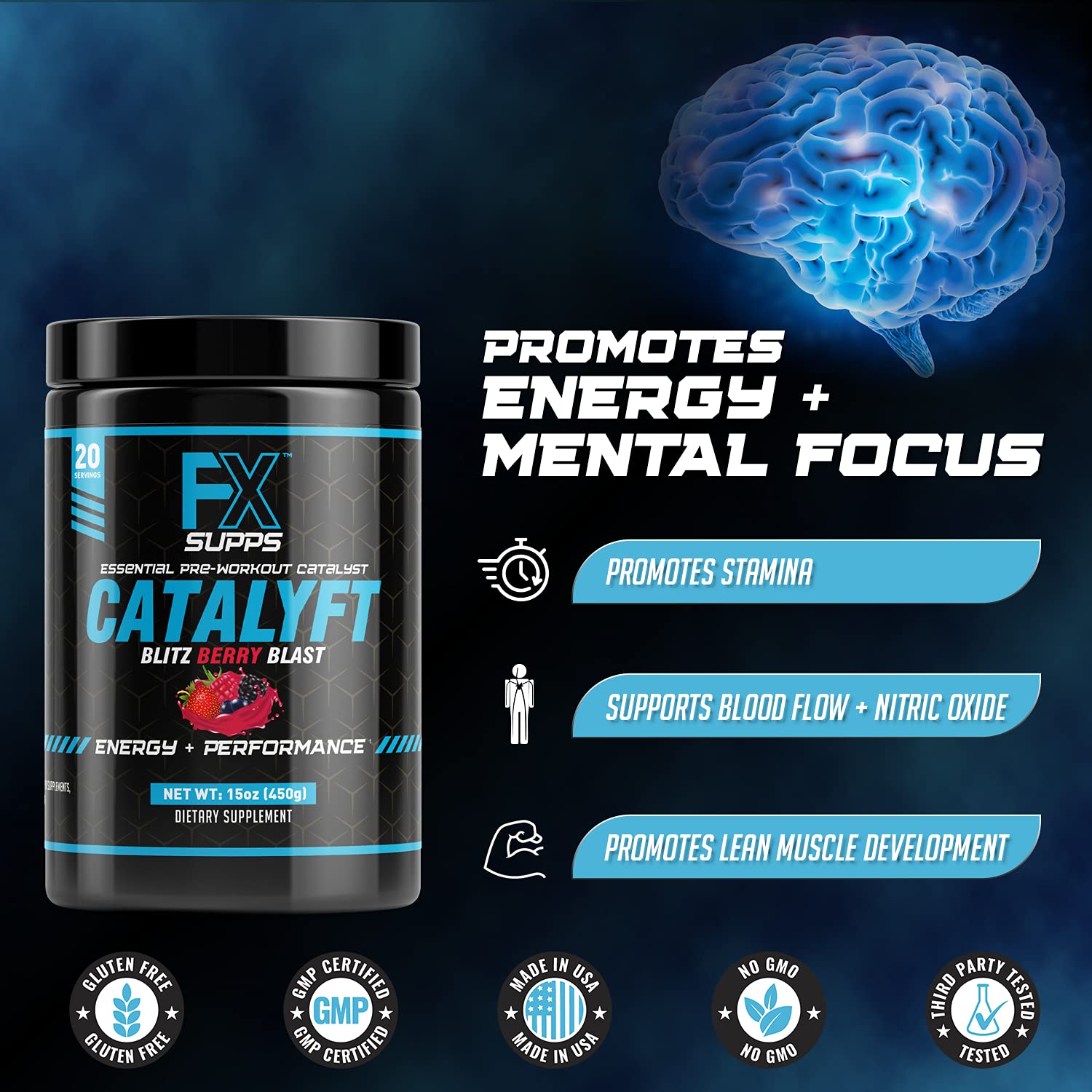 FXSUPPS Catalyft Blitz Berry glass with powder under gym lighting.