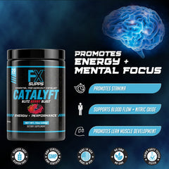 FXSUPPS Catalyft Blitz Berry glass with powder under gym lighting.