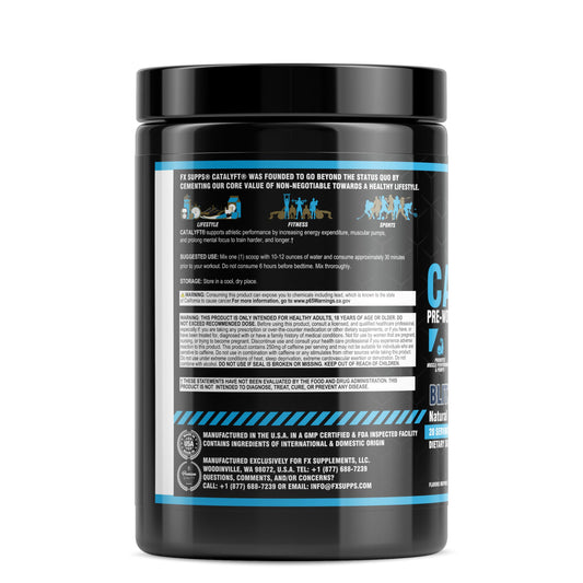 FXSUPPS Catalyft bottle label closeup showcasing creatine and caffeine ingredients.
