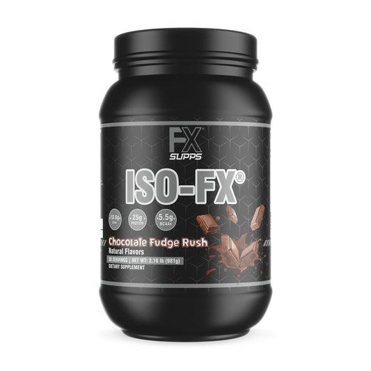 FXSUPPS Iso-Fx chocolate whey isolate bottle supports post-workout recovery