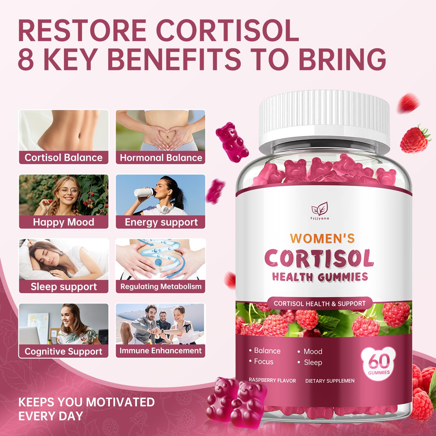 Fzjjyana Cortisol Gummies close-up show raspberry flavor and plant-based formula.