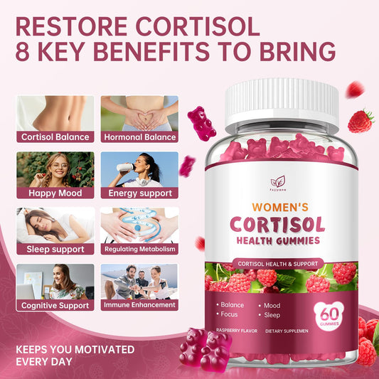 Fzjjyana Cortisol Gummies close-up show raspberry flavor and plant-based formula.