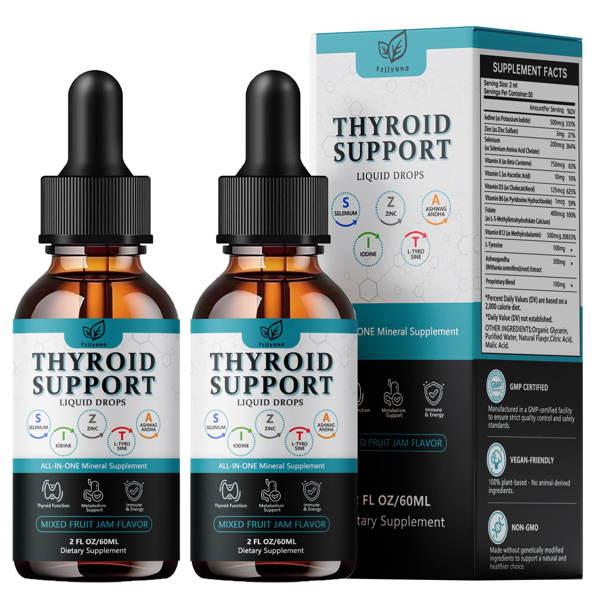 Fzjjyana thyroid drops bottle shows convenient 2 ml daily serving for energy support.