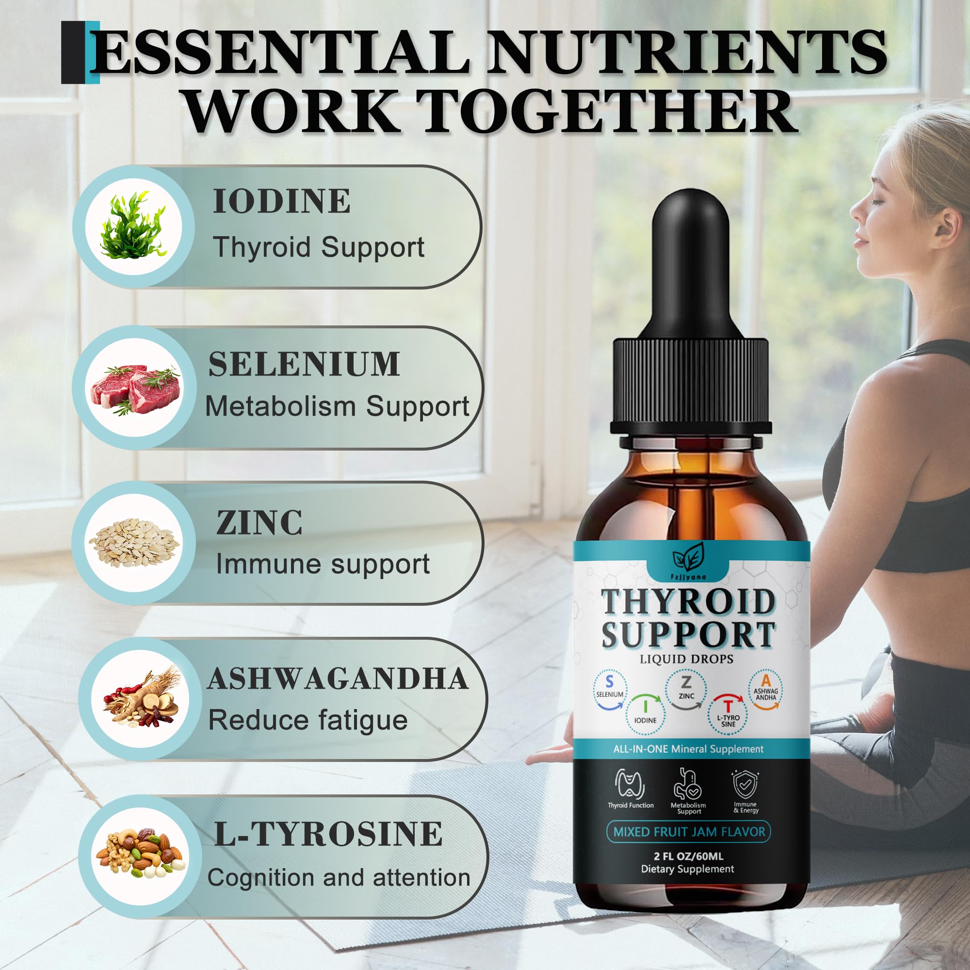 Fzjjyana thyroid drops pour demonstrates easy dosing and quick absorption in water.