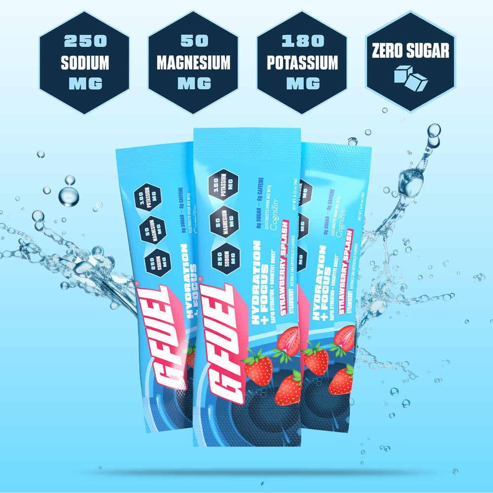Glass with ice and strawberry flavor hints from G Fuel electrolytes.
