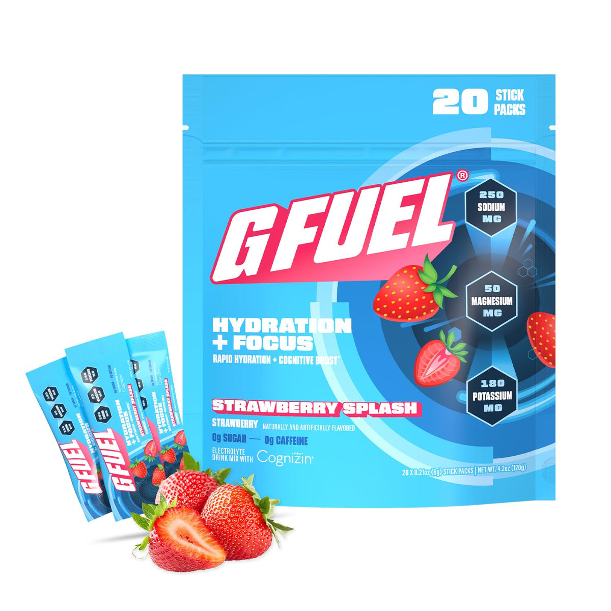 G Fuel Electrolytes strawberry jar shows sugar-free hydration for focus.
