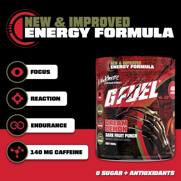 G Fuel Nightmare On Elm Street 2.0 canister back label with nutritional info and branding
