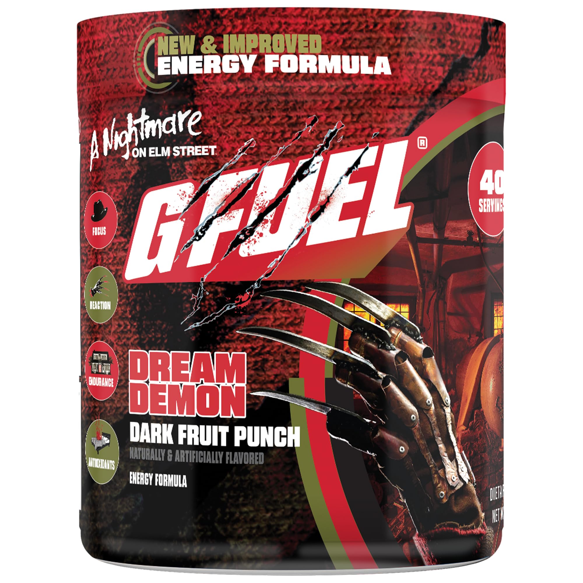 G Fuel Nightmare On Elm Street 2.0 canister front view for focused gaming energy